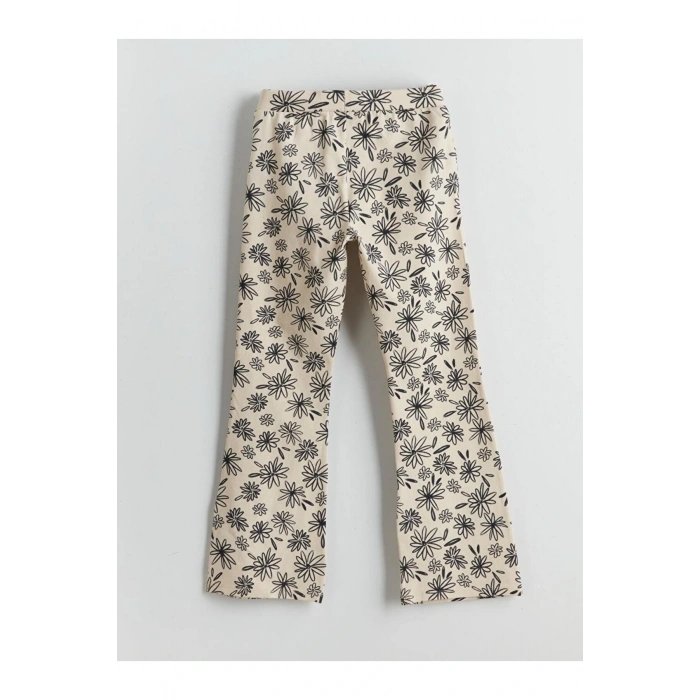 LCW Kids Ekru Beli Lastikli Çiçekli İspanyol Paça Kız Çocuk Tayt