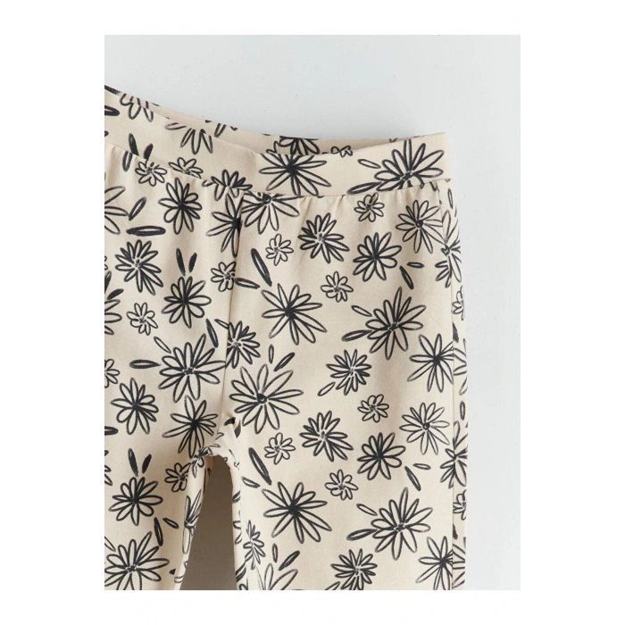 LCW Kids Ekru Beli Lastikli Çiçekli İspanyol Paça Kız Çocuk Tayt