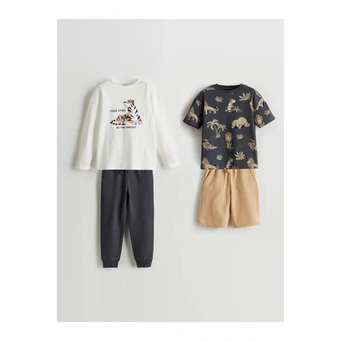 LCW Kids Ekru Bisiklet Yaka Baskılı Erkek Çocuk Takım 2li