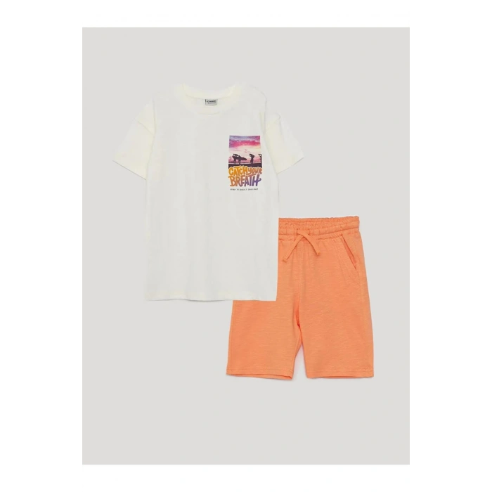 LCW Kids Ekru Bisiklet Yaka Baskılı Kısa Kollu Erkek Çocuk Tişört ve Bermuda