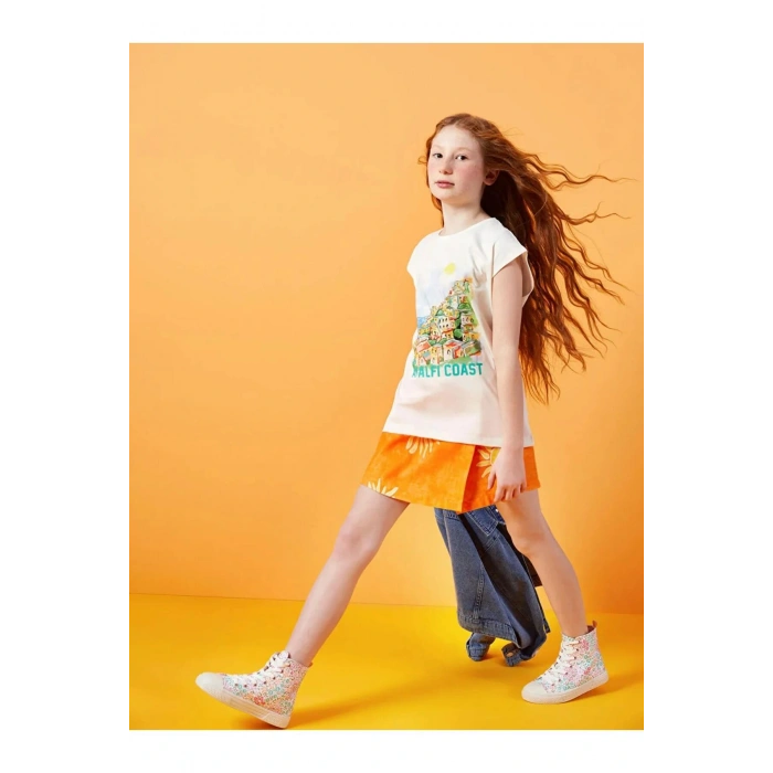 LCW Kids Ekru Bisiklet Yaka Baskılı Kız Çocuk Atlet