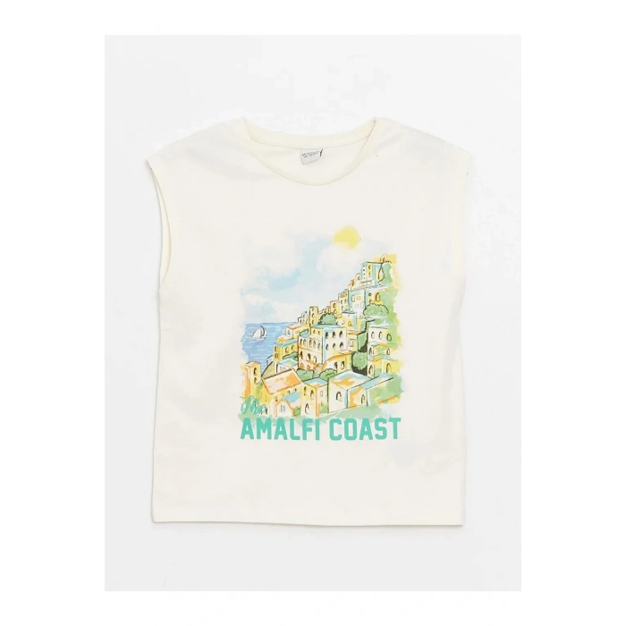 LCW Kids Ekru Bisiklet Yaka Baskılı Kız Çocuk Atlet