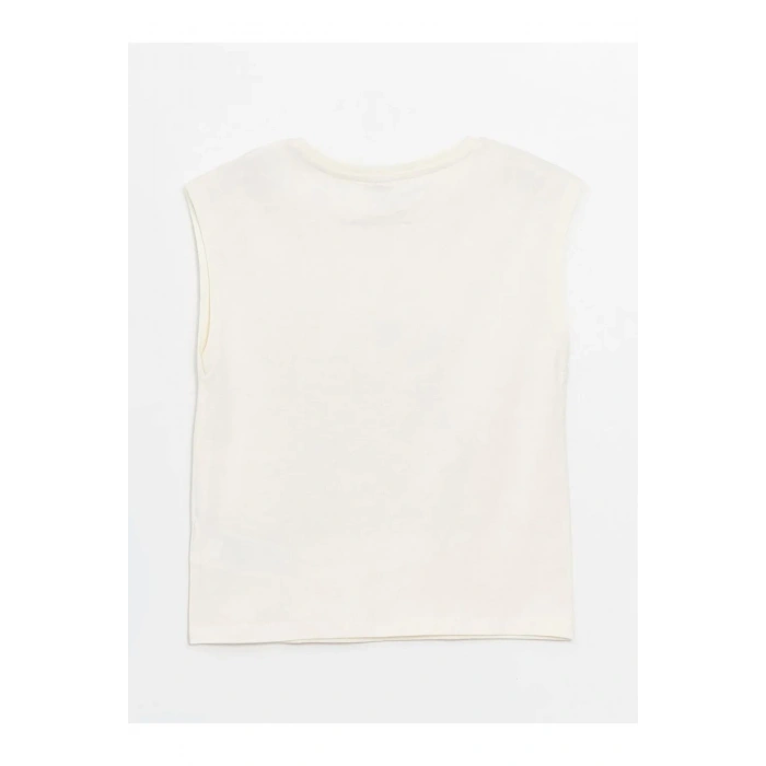 LCW Kids Ekru Bisiklet Yaka Baskılı Kız Çocuk Atlet