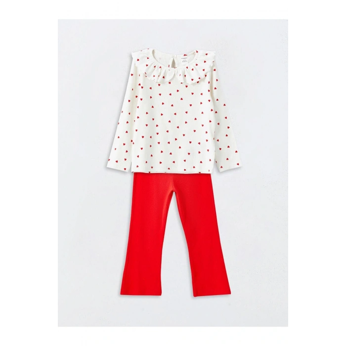 LCW Kids Ekru Bisiklet Yaka Baskılı Kız Çocuk Bluz ve Tayt Pantolon 2li