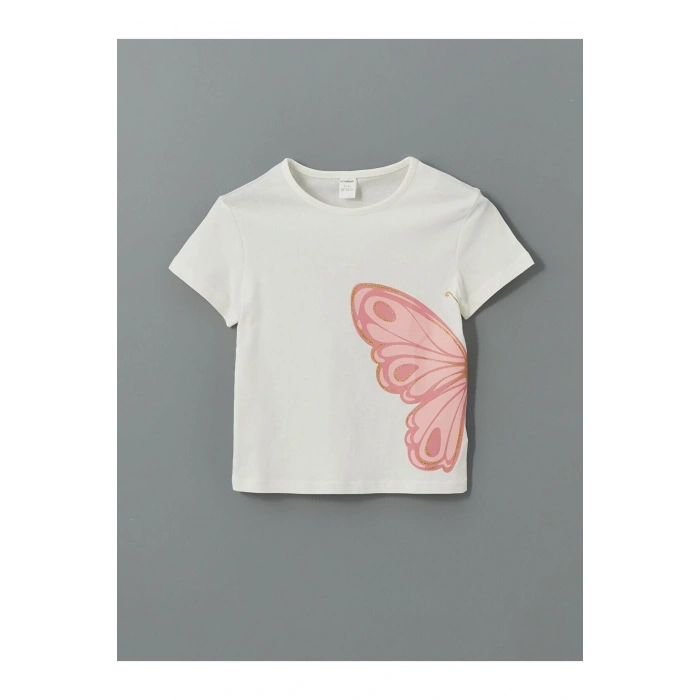 LCW Kids Ekru Bisiklet Yaka Baskılı Kız Çocuk Tişört