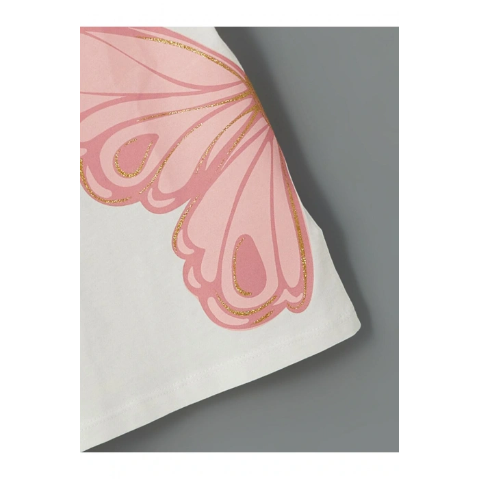 LCW Kids Ekru Bisiklet Yaka Baskılı Kız Çocuk Tişört