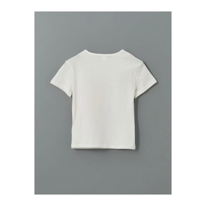 LCW Kids Ekru Bisiklet Yaka Baskılı Kız Çocuk Tişört