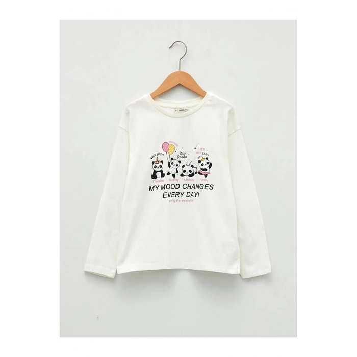 LCW Kids Ekru Bisiklet Yaka Baskılı Uzun Kollu Kız Çocuk Tişört