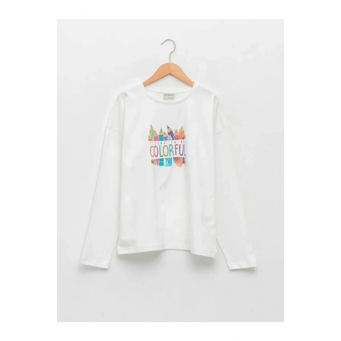 LCW Kids Ekru Bisiklet Yaka Baskılı Uzun Kollu Kız Çocuk Tişört