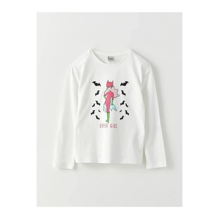 LCW Kids Ekru Bisiklet Yaka Baskılı Uzun Kollu Kız Çocuk Tişört