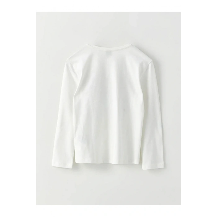 LCW Kids Ekru Bisiklet Yaka Baskılı Uzun Kollu Kız Çocuk Tişört