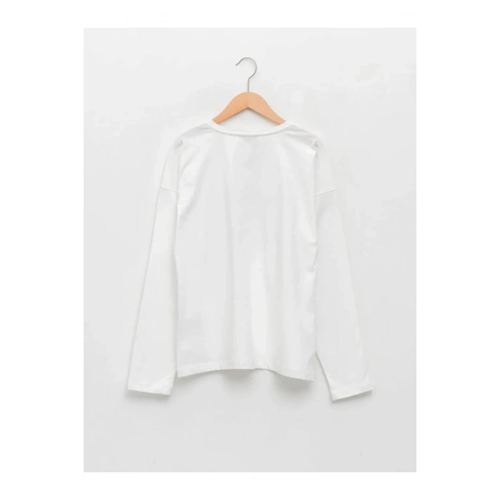 LCW Kids Ekru Bisiklet Yaka Baskılı Uzun Kollu Kız Çocuk Tişört