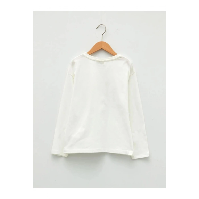 LCW Kids Ekru Bisiklet Yaka Baskılı Uzun Kollu Kız Çocuk Tişört