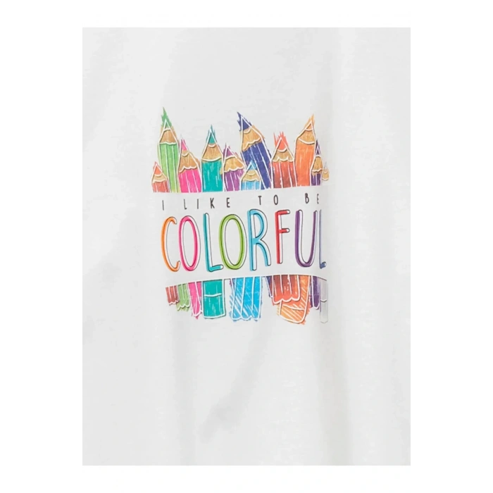 LCW Kids Ekru Bisiklet Yaka Baskılı Uzun Kollu Kız Çocuk Tişört