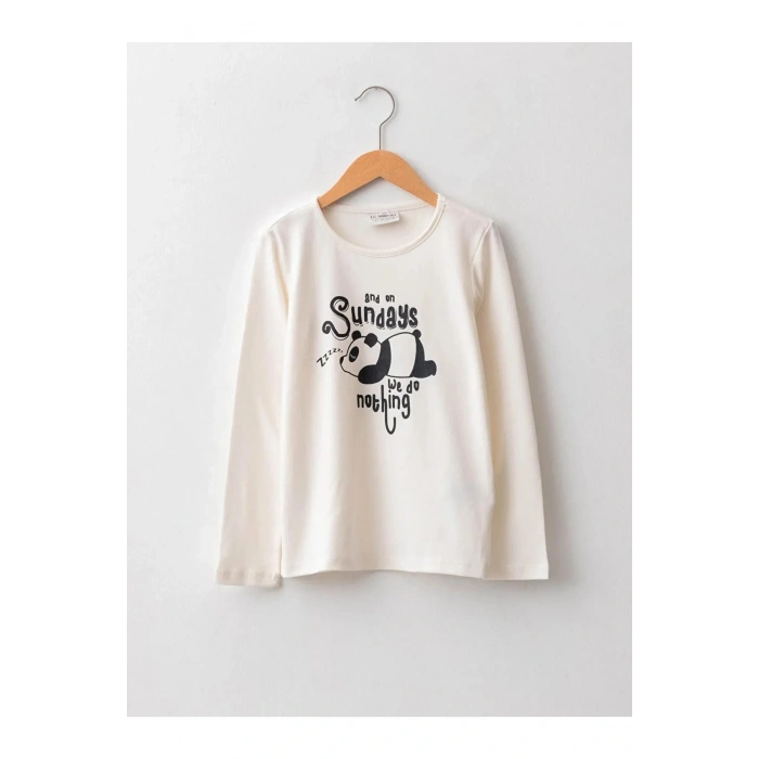 LCW Kids Ekru Bisiklet Yaka Baskılı Uzun Kollu Pamuklu Kız Çocuk Tişört