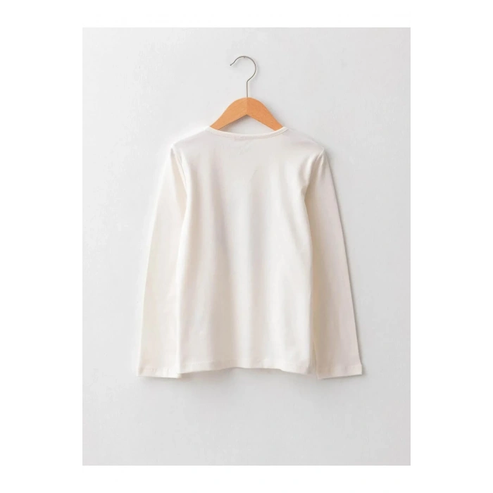 LCW Kids Ekru Bisiklet Yaka Baskılı Uzun Kollu Pamuklu Kız Çocuk Tişört