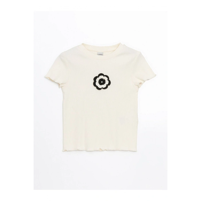 Lcw Kids Ekru Bisiklet Yaka Çiçekli Kız Çocuk Crop Tişört