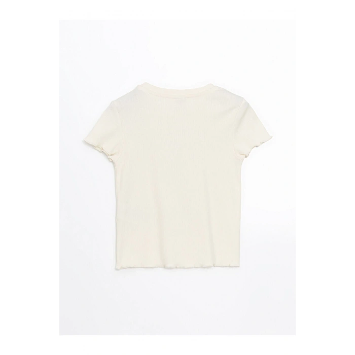 Lcw Kids Ekru Bisiklet Yaka Çiçekli Kız Çocuk Crop Tişört