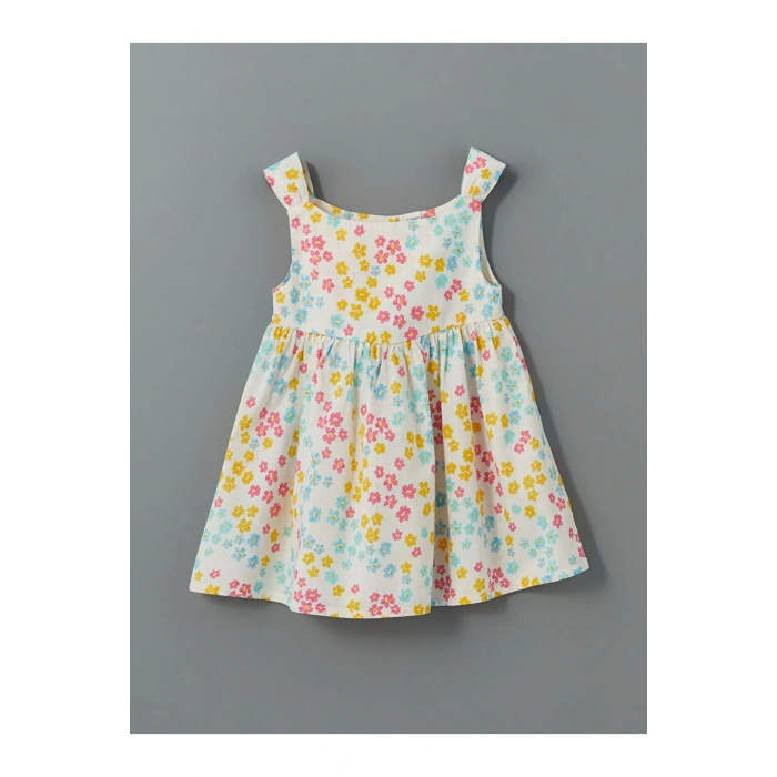 LCW Kids Ekru Bisiklet Yaka Çiçekli Kız Çocuk Keten Elbise T T