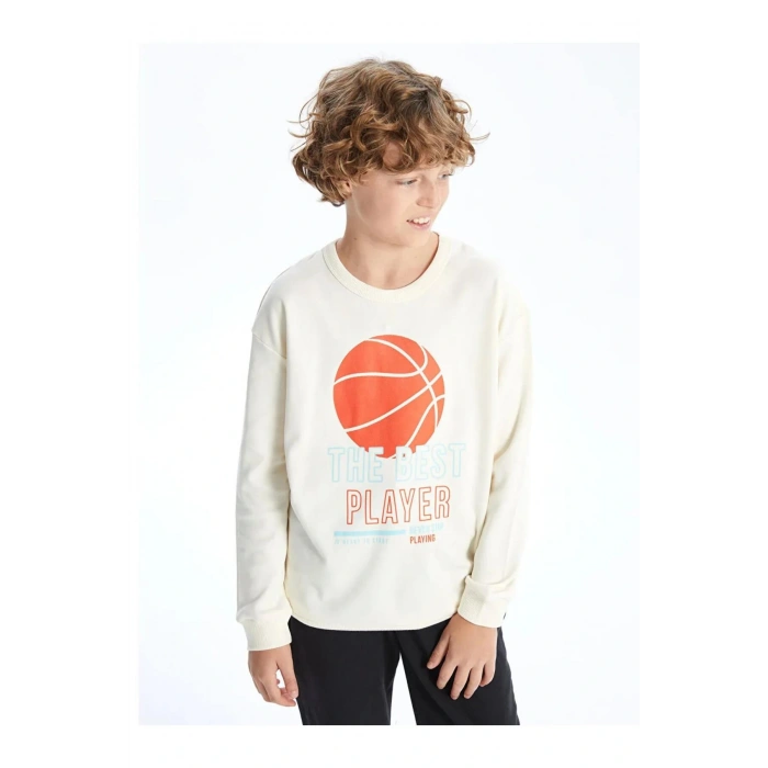 LCW Kids Ekru Bisiklet Yaka Erkek Çocuk Tişört