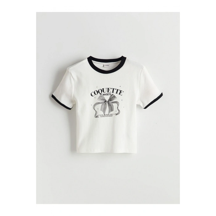 LCW Kids Ekru Bisiklet Yaka Fiyonk Baskılı Taşlı Kız Çocuk Tişört T T