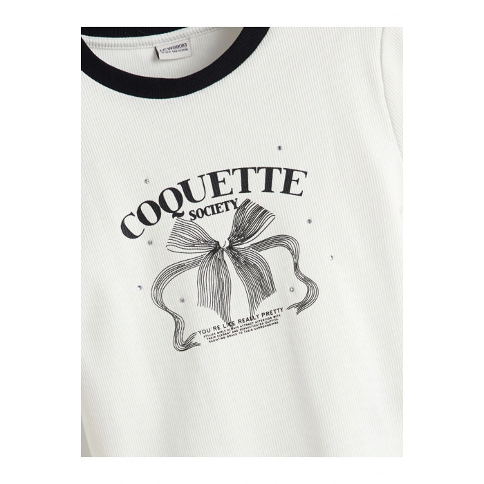 LCW Kids Ekru Bisiklet Yaka Fiyonk Baskılı Taşlı Kız Çocuk Tişört T T