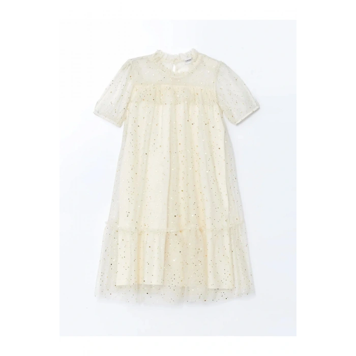 LCW Kids Ekru Bisiklet Yaka Işıltılı Kız Çocuk Elbise