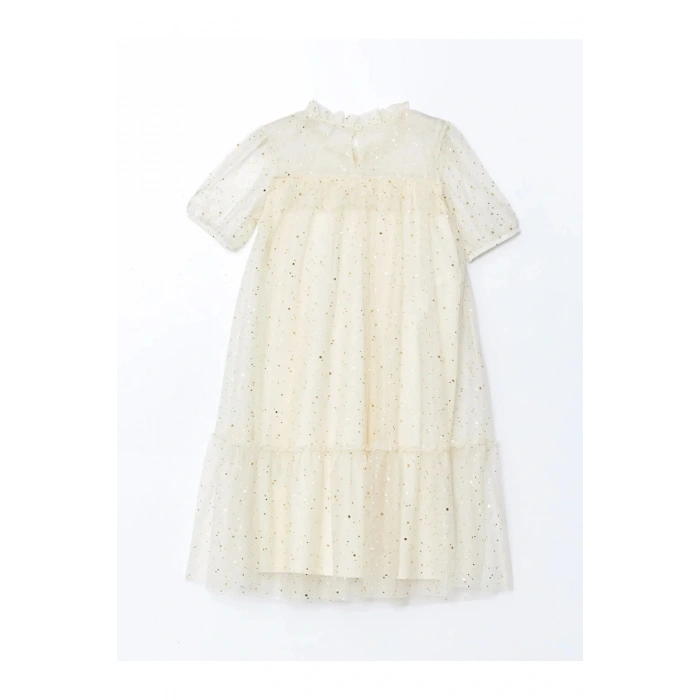 LCW Kids Ekru Bisiklet Yaka Işıltılı Kız Çocuk Elbise