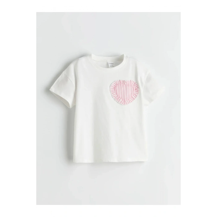 LCW Kids Ekru Bisiklet Yaka Kalpli Çizgili Kız Çocuk Tişört