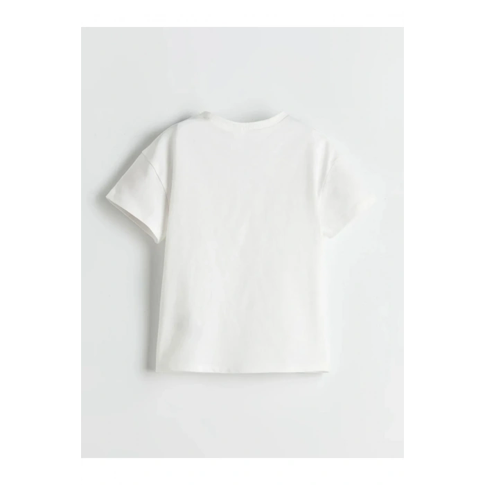 LCW Kids Ekru Bisiklet Yaka Kalpli Çizgili Kız Çocuk Tişört