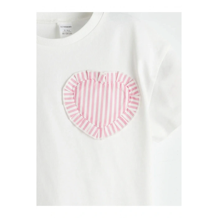 LCW Kids Ekru Bisiklet Yaka Kalpli Çizgili Kız Çocuk Tişört