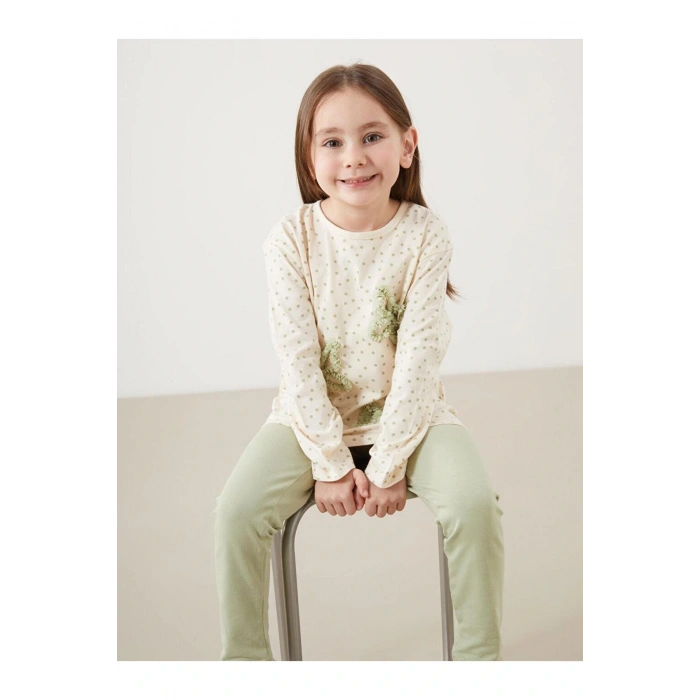 LCW Kids Ekru Bisiklet Yaka Kelebekli Kız Çocuk Tişört ve Tayt 2li