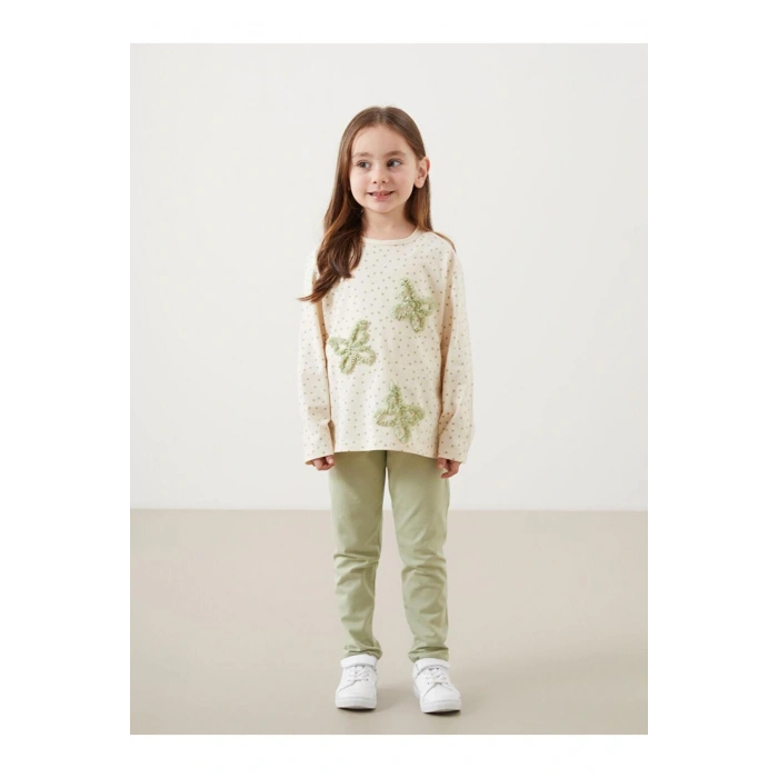 LCW Kids Ekru Bisiklet Yaka Kelebekli Kız Çocuk Tişört ve Tayt 2li