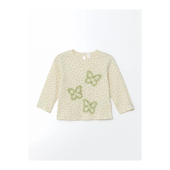 LCW Kids Ekru Bisiklet Yaka Kelebekli Kız Çocuk Tişört ve Tayt 2li