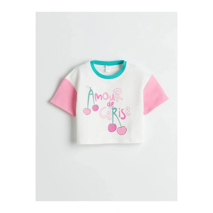 LCW Kids Ekru Bisiklet Yaka Kiraz Baskılı Kız Çocuk Tişört