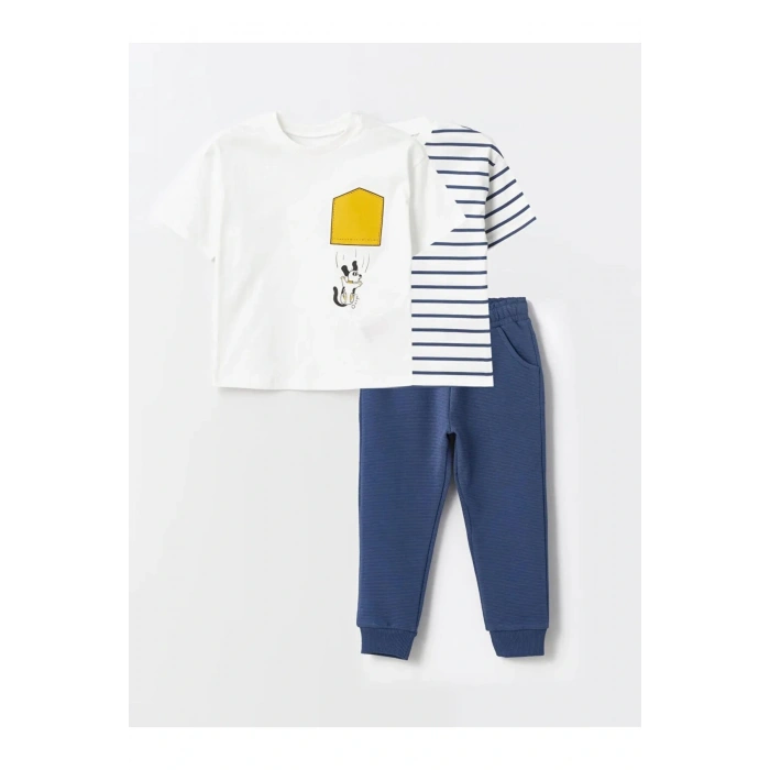 LCW Kids Ekru Bisiklet Yaka Kısa Kollu Erkek Bebek Tişört ve Eşofman Alt Takım