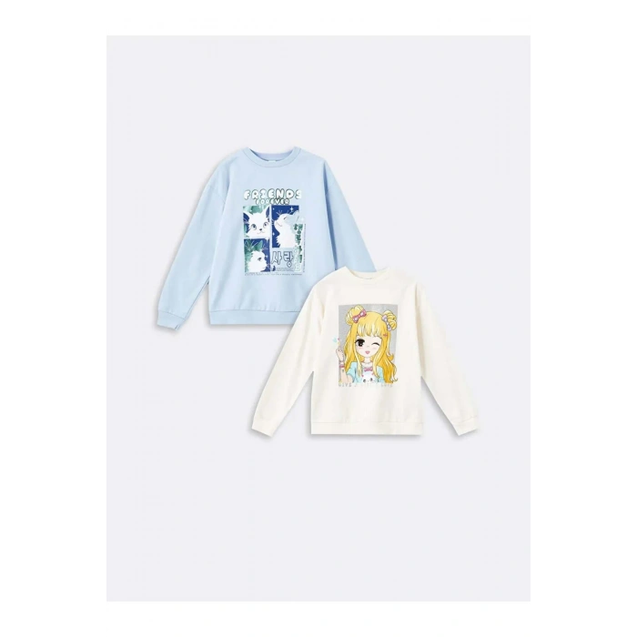LCW Kids Ekru Bisiklet Yaka Kız Çocuk Kalın Sweatshirt 2li