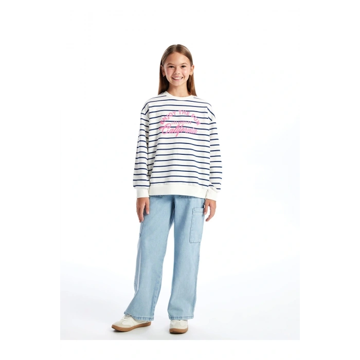 LCW Kids Ekru Bisiklet Yaka Kız Çocuk Kalın Sweatshirt