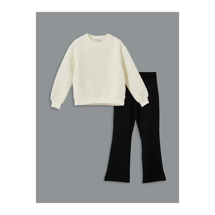 LCW Kids Ekru Bisiklet Yaka Kız Çocuk Sweatshirt ve Tayt