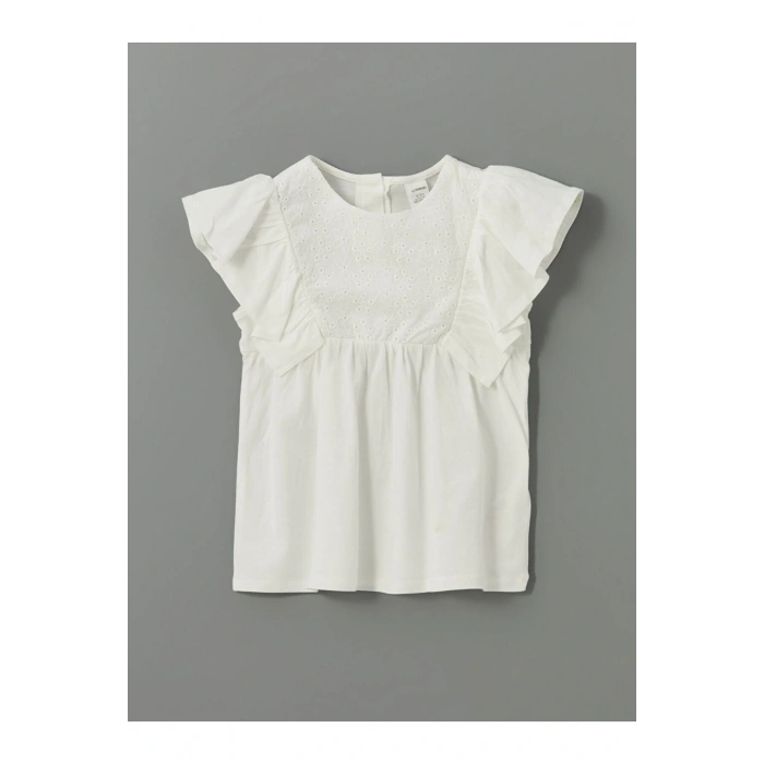 LCW Kids Ekru Bisiklet Yaka Nakışlı Kız Çocuk Tişört