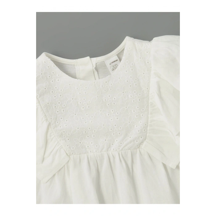 LCW Kids Ekru Bisiklet Yaka Nakışlı Kız Çocuk Tişört