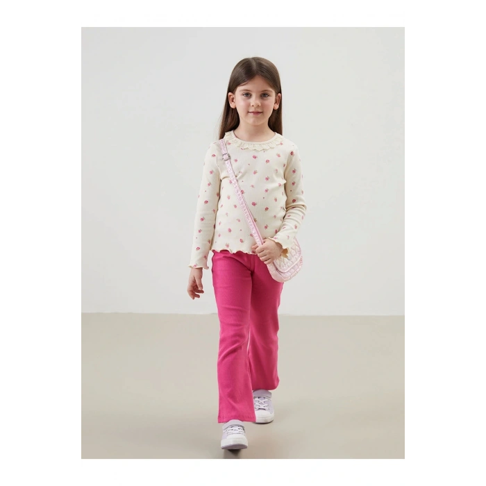 LCW Kids Ekru Çiçekli Dantelli Kız Çocuk Tişört ve Tayt 2li