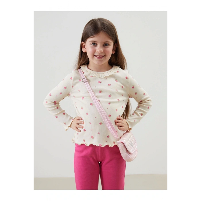 LCW Kids Ekru Çiçekli Dantelli Kız Çocuk Tişört ve Tayt 2li