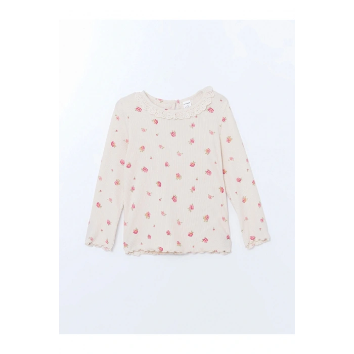 LCW Kids Ekru Çiçekli Dantelli Kız Çocuk Tişört ve Tayt 2li