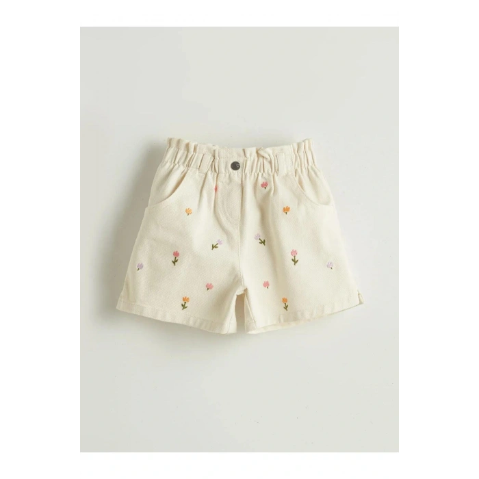 LCW Kids Ekru Çiçekli Gabardin Kız Çocuk Şort