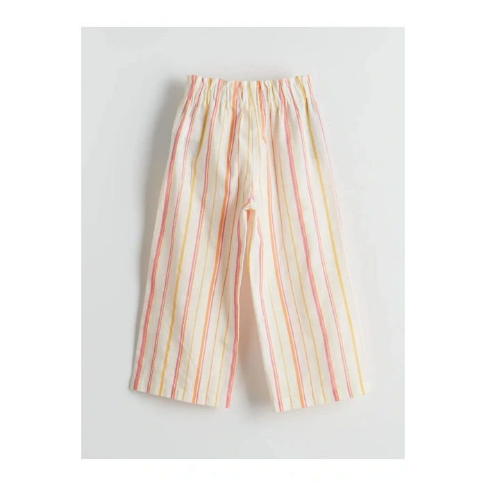 LCW Kids Ekru Çizgili Keten Karışımlı Kız Çocuk Pantolon