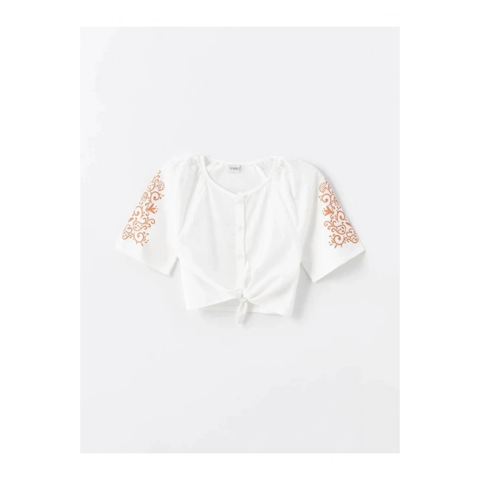LCW Kids Ekru Desenli Kız Çocuk Crop Gömlek