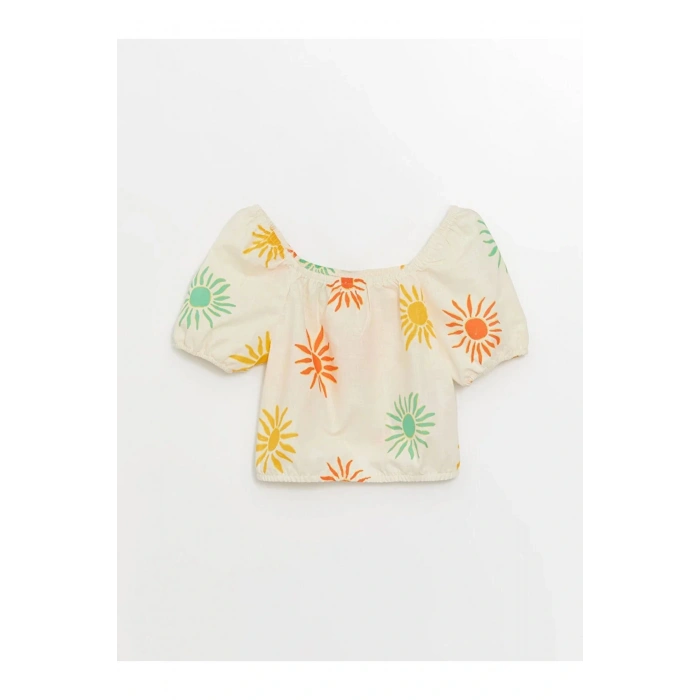 LCW Kids Ekru Kare Yaka Baskılı Kız Çocuk Bluz