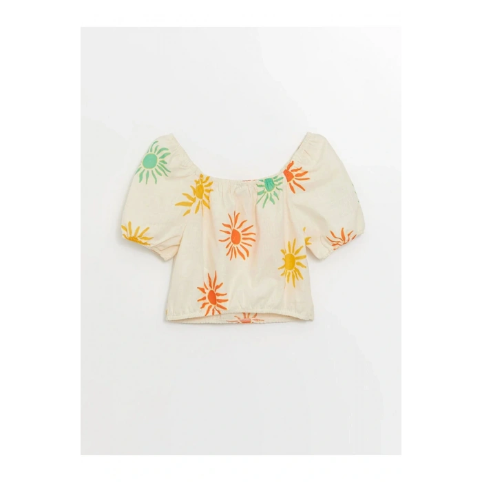 LCW Kids Ekru Kare Yaka Baskılı Kız Çocuk Bluz