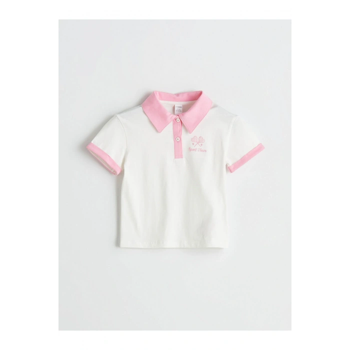 LCW Kids Ekru Polo Yaka Nakışlı Penye Kız Çocuk Tişört